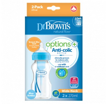 DRBROWN'S NATURAL FLOW OPTIONS+ ANTI-COLIC BOTTLE WIDE-NECK BLUE BOTTLES ΜΠΙΜΠΕΡΟ ΜΕ ΦΑΡΔΥ ΛΑΙΜΟ 2X270ML