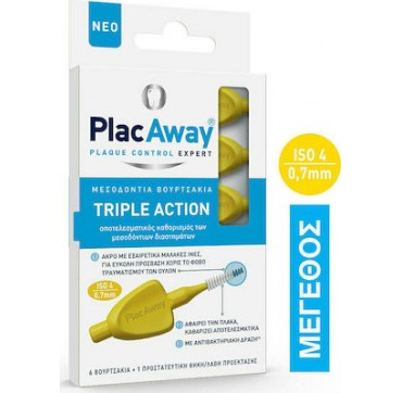 Plac Away Triple Action Μεσοδόντια Βουρτσάκια 0.7mm ISO 4 Κίτρινα 6τεμ