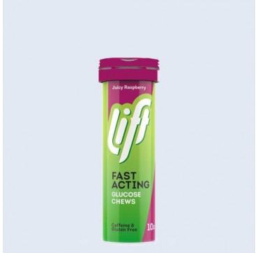 Lift Fast Acting Glucose Chews Juicy Raspberry - Ταμπλέτες Γλυκόζης με Γεύση Βατόμουρο, 10 μασώμενες ταμπλέτες